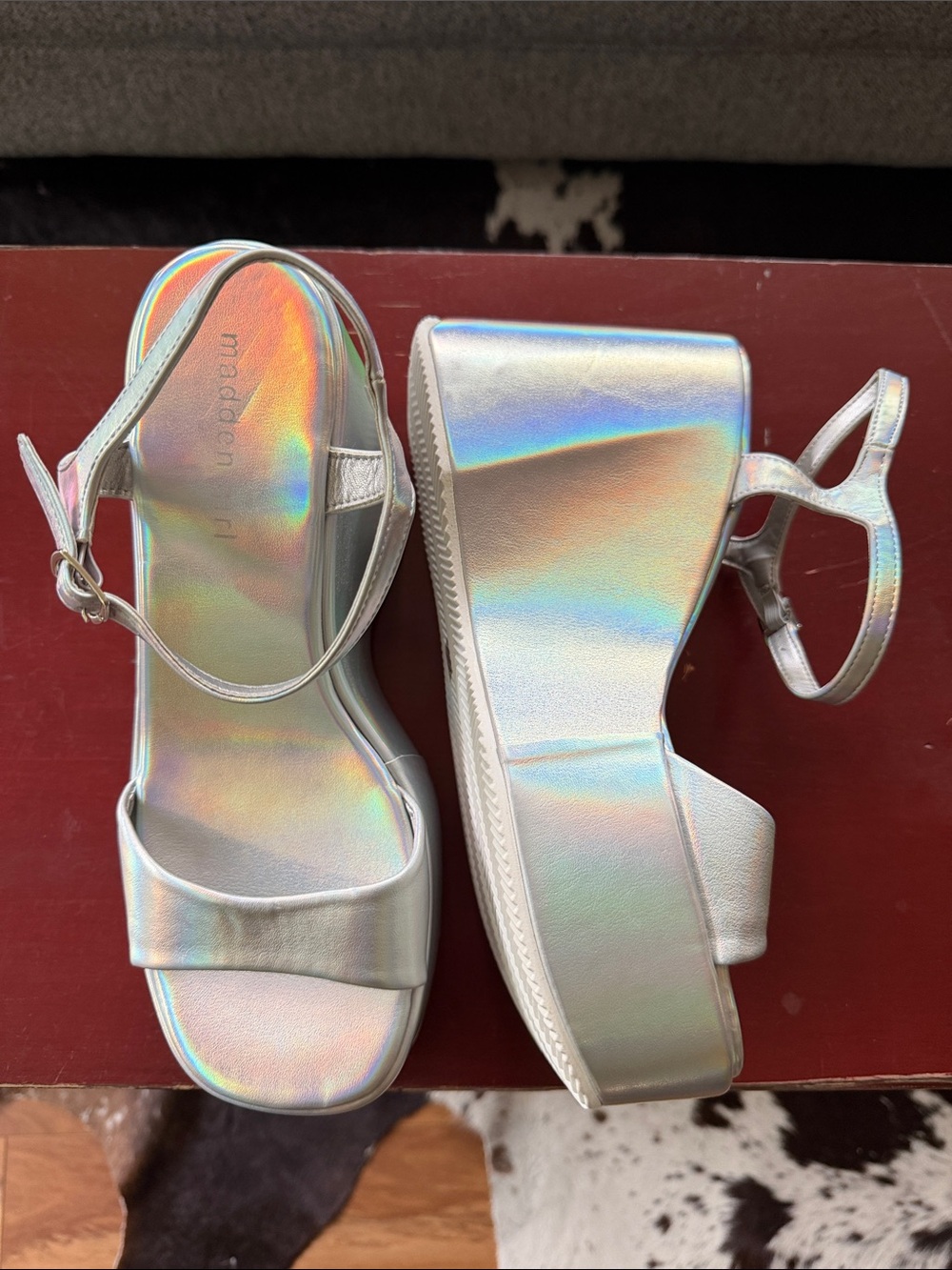 NWOB Madden Girl Iridescent Silver Platform Sandals